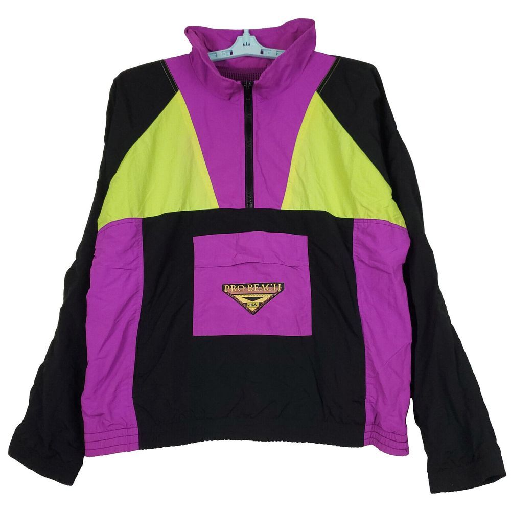 90s Vintage Fila Pro Beach XL XLarge Windbreaker Jacket Black Purple Yellow